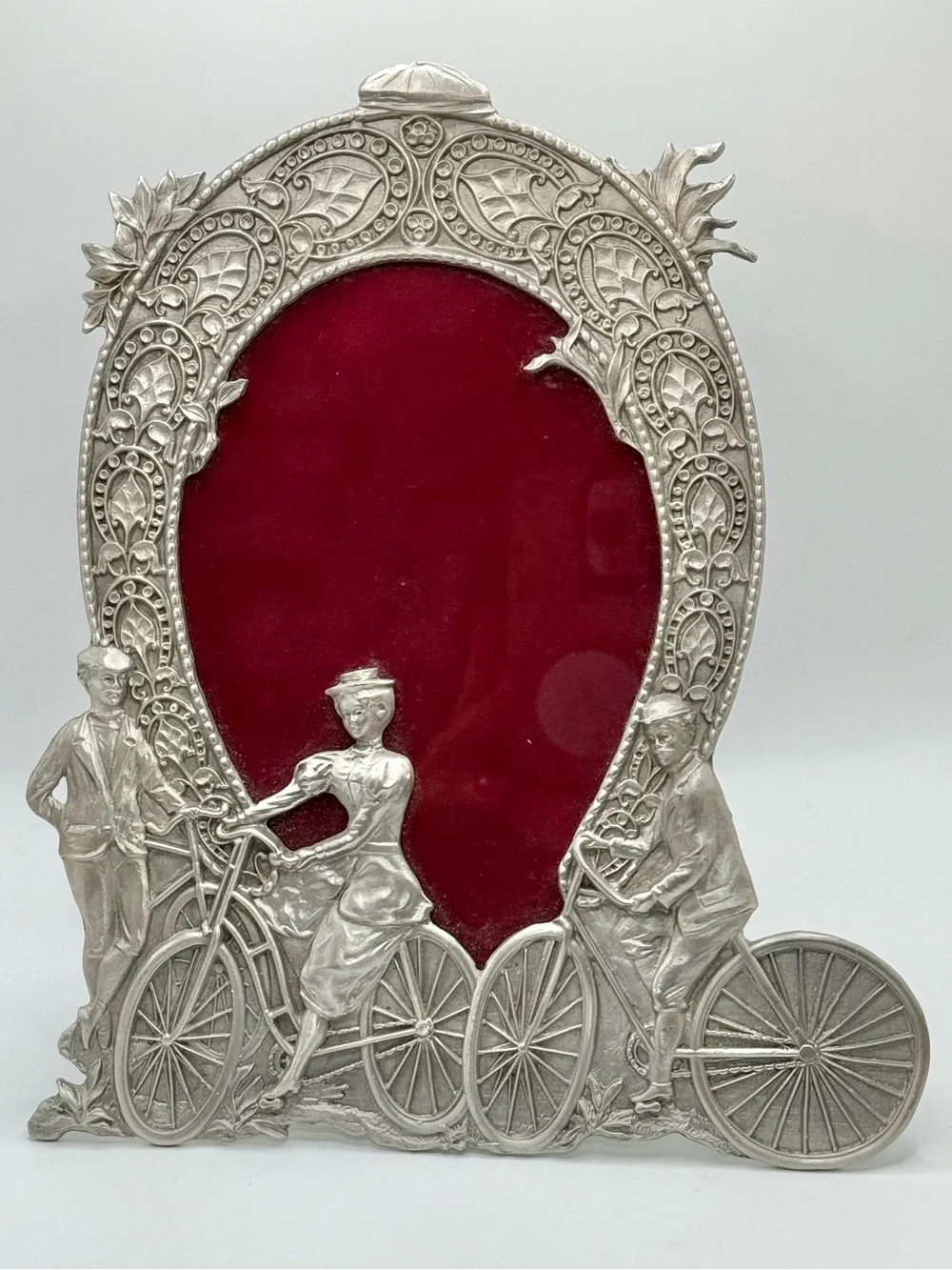 VTG Filigree Pewter Picture Frame Victorian Parisian Bicycle scene 4x6- 7X8 - Picture 1 of 8